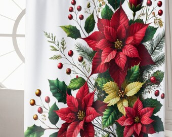 Floral Christmas Shower Curtain Home Decor Housewarming Gift, Christmas Bathroom Curtain, Holiday Home Decor, Botanical Bathroom Accessory