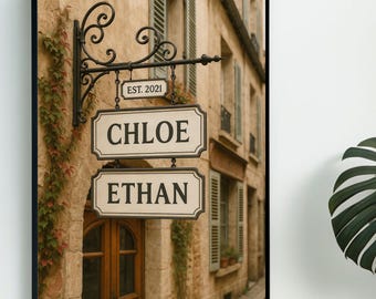 Paris Cafe Sign Wall Art, Editable Canva Template, Custom Printable Couple Name Sign, EST Year Digital Download, French Street Decor Print