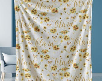 Sunflower Name Blanket, Butterfly Baby Throw, Personalized Girl Floral Cover Gift, Custom Toddler Bedding, Cozy Baby Shower Nursery Decor