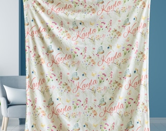 Butterfly Baby Name Blanket, Personalized Floral Throw, Custom Girl Wildflower Cover, Baby Shower Gift, Toddler Blanket Soft Daycare Bedding