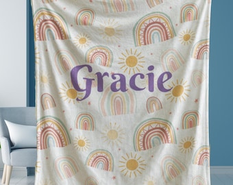 Personalized Boho Rainbow Blanket for Girls, Custom Name Throw with Suns and Stars, Pastel Toddler Blanket, Bohemian Nursery Baby Shower