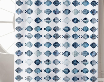 Fish Shower Curtain Boho Bathroom Accessories Coastal Bathroom Shabby Chic Home Decor Blue Curtain Housewarming Gift Fish Bath Accessories