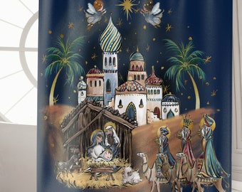 Christmas Bathroom Shower Curtain Nativity Home Decor for Housewarming Gift Christmas Home Decor Gift Holiday Shower Curtain Xmas