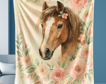 Personalized Horse Girl Blanket | Watercolor Equestrian Floral Throw | Custom Name Gift for Girls | Cowgirl Room Decor | Horse Lover Gift