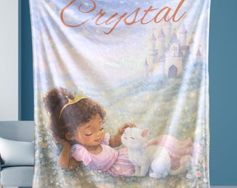Princess Toddler Blanket | African American Princess & Kitten Throw | Personalized Fairytale Kids Blanket | Cozy Storybook Decor