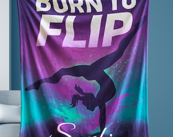 Personalized Gymnastics Blanket for Girls | Born to Flip Custom Name Gift | Gymnast Silhouette Room Decor | Athlete Sports Throw