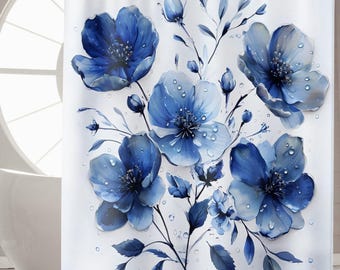 Chinoiserie Shower Curtain, Elegant Botanical Design, Vintage Floral Decor, Blue Asian Inspired Bathroom Accessory for a Chic Home Vibe