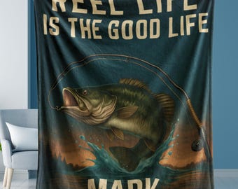 Personalized Fishing Blanket, Reel Life Is the Good Life, Custom Name Blanket for Dad, Fisherman Gift, Bass Fish Throw, Lake Cabin Decor