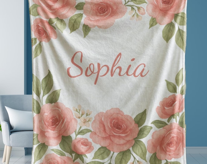 Featured listing image: Personalized Baby Girl Name Blanket, Floral Baby Blanket, Pink Rose Baby Gift, Custom Name Swaddle, Soft Minky Nursery Bedding, Shower Gift
