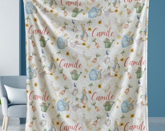 Personalized Bunny Blanket, Storybook Baby Girl Name Throw, Watercolor Garden Animal Cover, Cottagecore Nursery Decor Gift, Baby Shower Gift