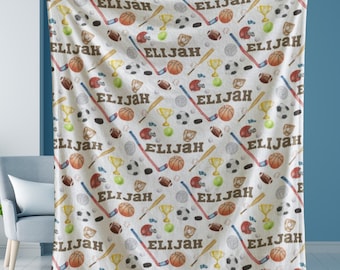 Sports Name Blanket, Personalized Boys Cover, Custom Sports Throw, Baby Shower Gift, Balls Nursery, Kids Team Blanket, Custom Name Gift