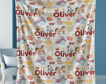 Farm Animal Blanket, Baby Boy Gift, Custom Name Blanket, Toddler Bedding, Horse Cow Pig Theme, Barnyard Nursery Decor, Personalized Throw