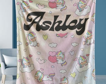 Personalized Unicorn Blanket for Girls, Kawaii Name Blanket, Custom Pastel Rainbow Blanket, Cute Toddler Gift, Soft Minky Velveteen Throw