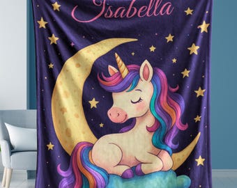 Personalized Unicorn Girl Blanket, Moon and Stars Name Blanket, Custom Toddler Gift, Soft Baby Blanket for Girls, Magical Nursery Decor