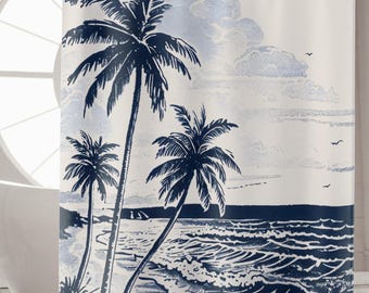 Blue Beach Shower Curtains Bathroom Decor for Housewarming Gift Ocean Shower Curtain Beach House Decor Chinoiserie Aesthetic