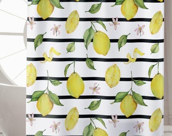 Lemon Stripe Shower Curtain, Modern Farmhouse Citrus Bathroom Decor, Yellow Fruit Watercolor Print Curtain, Summer Fresh Bathroom Style