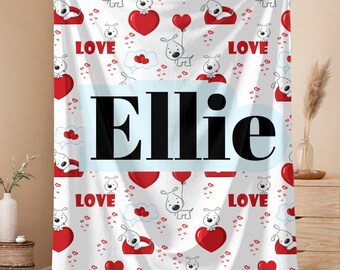 Personalized Puppy Love Blanket | Custom Name Dog Blanket for Girlfriend or Girls | Cute Heart Valentine Gift | Soft Plush Throw