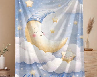 Baby Space Blanket with Moon and Stars | Soft Blue Nursery Blanket | Dreamy Moon Stars Baby Decor