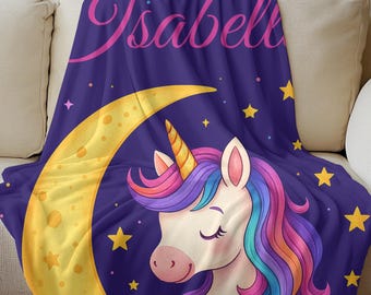 Personalized Unicorn Girl Blanket, Moon and Stars Name Blanket, Custom Toddler Gift, Soft Baby Blanket for Girls, Magical Nursery Decor