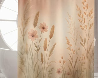 Earthen Meadow Shower Curtain | Neutral Boho Botanical Bathroom Decor | Warm Beige Terracotta Farmhouse Style | Modern Spring Bath Curtain