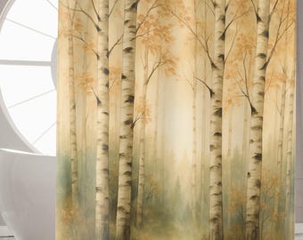 Birch Forest Shower Curtain, Woodland Bathroom Decor, Rustic Nature Inspired Home, Autumn Leaves Watercolor Style Bath Curtain Housewarming