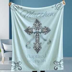Personalized Baby Boy Baptism Blanket Gift for Christening, Custom Baby Blanket with Name, Cross Baby Gift, Baby Boy Catholic Gift