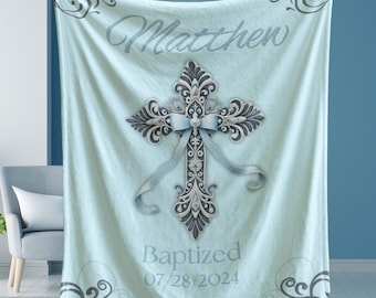 Personalized Baby Boy Baptism Blanket Gift for Christening, Custom Baby Blanket with Name, Cross Baby Gift, Baby Boy Catholic Gift
