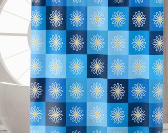 Retro Blue Daisy Shower Curtain, Funky Groovy 70s Bathroom Decor, Floral Checkered Bath Curtain, Aesthetic Mod Flower Power Vibes