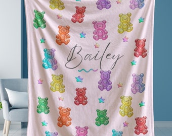 Gummy Bear Personalized Blanket Gift for Girls Teen Gift Baby Shower Gift Name Crib Blanket Retro Happy Baby Candy Blanket Rainbow Baby