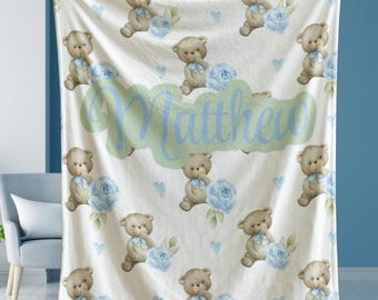 Personalized Teddy Bear Baby Blanket with Name, Pink or Blue Floral Blanket, Custom Baby Gift, Soft Plush Nursery Throw, Boy or Girl