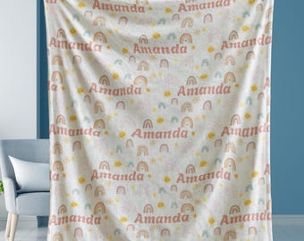 Boho Rainbow Blanket, Personalized Baby Gift, Custom Name Throw, Girl Toddler Blanket, Nursery Decor, Pastel Sun Design, Soft Cuddle Blanket