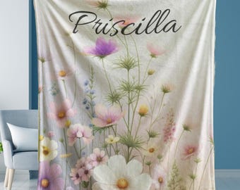 Personalized Wildflower Name Throw, Custom Floral Blanket for Women, Cottagecore Aesthetic Gift, Soft Cozy Fleece, Garden Inspired Gift