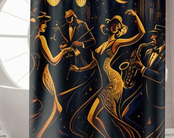 Art Deco Shower Curtain | City Glam Jazz Bathroom Decor | Navy Gold Speakeasy Design | Vintage Glam Luxury Curtain
