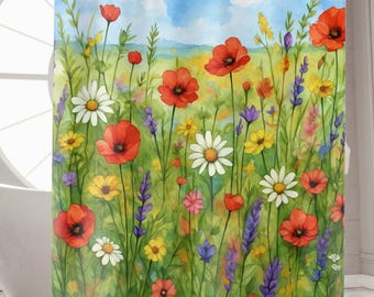 Wildflower Meadow Shower Curtain, Vibrant Floral Botanical Bathroom Decor, Nature Inspired Boho Home & Cottagecore Style Housewarming Gift