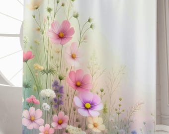 Wildflower Shower Curtain, Colorful Floral Meadow Bathroom Decor, Pastel Spring Flower Print Curtain, Cottagecore Farmhouse Bathroom Style
