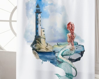 Mermaid Bathroom Shower Curtain Mermaid Home Decor Lighthouse Bathroom Accessories Beach House Decor Mermaid Bathroom Ocean Shower Curtain