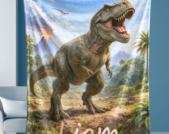 Personalized Dinosaur Blanket for Kids | T-Rex Dinosaur Throw | Prehistoric Velveteen Bedroom Decor for Boys