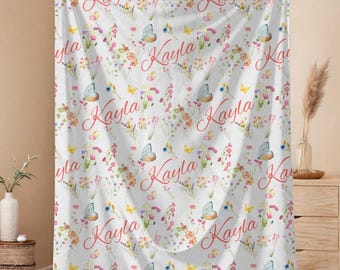Butterfly Baby Name Blanket, Personalized Floral Throw, Custom Girl Wildflower Cover, Baby Shower Gift, Toddler Blanket Soft Daycare Bedding