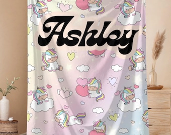 Personalized Unicorn Blanket for Girls, Kawaii Name Blanket, Custom Pastel Rainbow Blanket, Cute Toddler Gift, Soft Minky Velveteen Throw