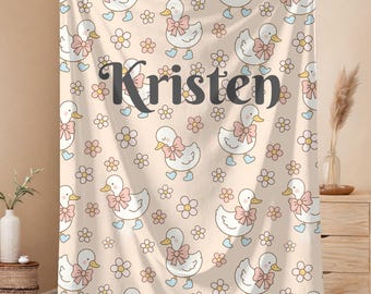 Personalized Goose Blanket with Name, Cute Baby Shower Baby Girl Throw with Bows & Boots, Soft Custom Blanket for Nursery, Toddler Gift