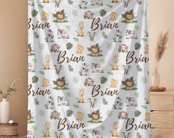 Safari Animal Name Blanket, Personalized Blanket, Jungle Theme Nursery Decor, Neutral Boy or Girl Gift, Custom Plush Throw, Baby Shower Gift