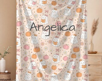 Personalized Kawaii Ghost Blanket | Cute Reading Ghost Throw for Girls | Custom Name Pastel Blanket | Book Lover Gift | Cozy Aesthetic Decor