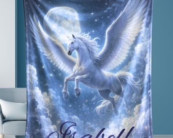 Personalized Unicorn Blanket for Kids & Tweens | Flying Pegasus Fantasy Throw | Moonlit Night Sky Bedroom Decor