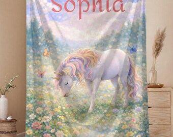 Unicorn Toddler Blanket | Unicorn Meadow Dream Throw | Personalized Storybook Kids Blanket | Cozy Magical Bedroom Decor
