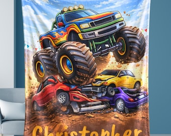Personalized Truck Blanket for Kids | Custom Car Throw | Colorful Bedroom Decor for Boys