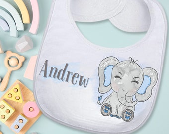 Elephant Custom Baby Boy Absorbent Bib with Name Birthday Gift, Personalized Cute Newborn Baby Boy Baby Shower Gift