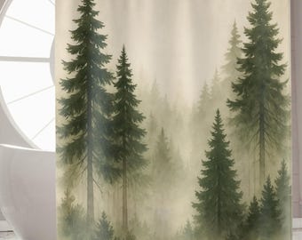 Misty Forest Shower Curtain, Neutral Nature Bathroom Decor, Rustic Woodland Pine Tree Curtain, Mountain Cabin Bath Decor, Housewarming GIft