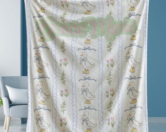 Personalized Baby Blanket with Name, Storybook Goose Blanket, Girl Nursery Gift, Vintage Duck Design, Custom Heirloom Baby Blanket