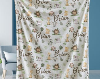 Safari Animal Name Blanket, Personalized Blanket, Jungle Theme Nursery Decor, Neutral Boy or Girl Gift, Custom Plush Throw, Baby Shower Gift