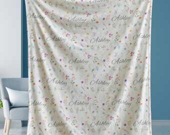 Personalized Name Blanket with Watercolor Flowers, Custom Floral Throw Blanket, Gift for Her, Teen Girl, Mom, Grandma, Cozy Bedding